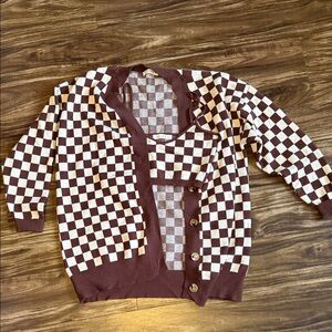 12th Tribe Checked  Button-Front Cardigan in Brown and Cream with Bra, Size S